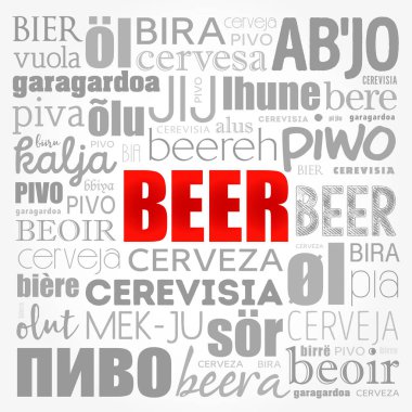 Dünya 'nın farklı dillerinde BEER (İngilizce, Fransızca, Almanca vs.) Kelime Bulutu kolajı, çok dilli arkaplan