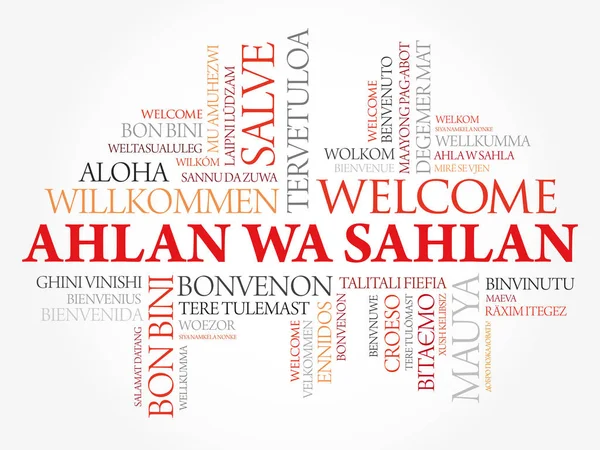 Ahlan Sahlan Bienvenido Árabe Nube Palabras Diferentes Idiomas Fondo Conceptual — Vector de stock