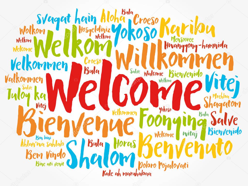 WELCOME word cloud in different languages, conceptual background