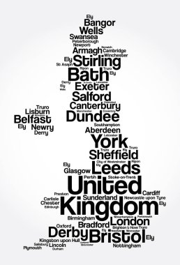 UNITED KINGDOM 'daki şehir ve kasabaların listesi, harita kelime bulut kolajı, iş ve seyahat kavramı geçmişi
