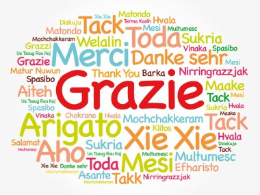 Grazie (teşekkür ederim İtalyanca) kelime bulutu arka plan, tüm diller, eğitim veya Şükran günü için çok dilli