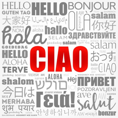 Çav (İtalyanca Merhaba) Dünyanın farklı dillerinde kelime bulutu, arka plan konsepti