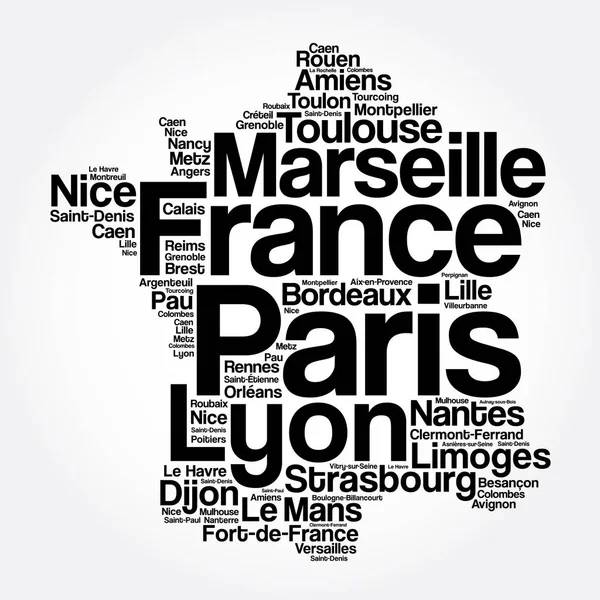 Lista Città Città Francia Mappa Parola Cloud Collage Business Travel — Vettoriale Stock