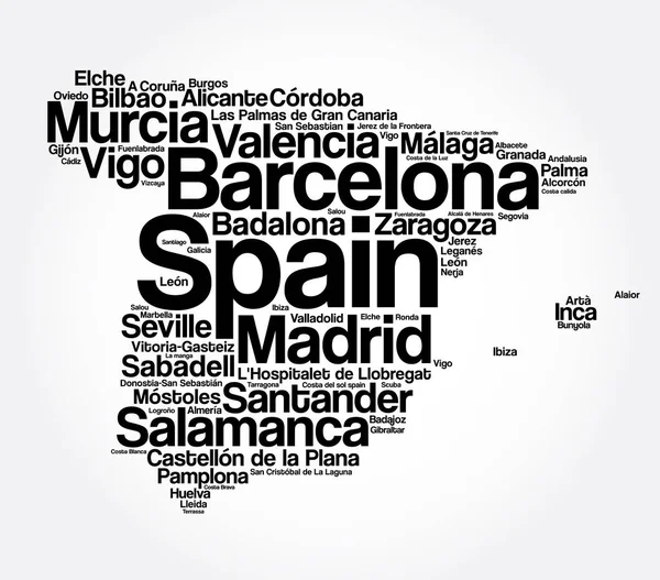 Список Міст Селищ Spain Map Word Cloud Colage Business Travel — стоковий вектор