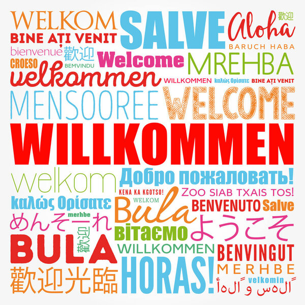 Willkommen, Welcome in German. Word cloud in different languages, conceptual background