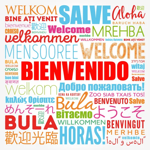 Bienvenido Welcome Spanish Word Cloud Different Languages Conceptual Background — стоковый вектор