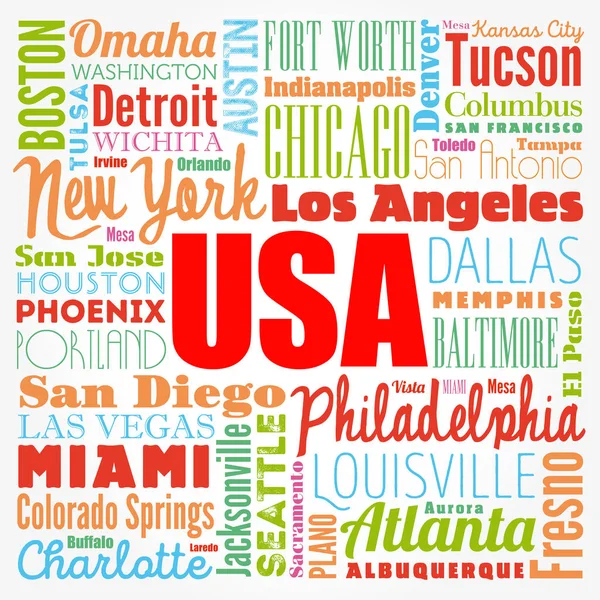 Usa Cities Names Words Cloud Collage Concept Background — Stock Vector