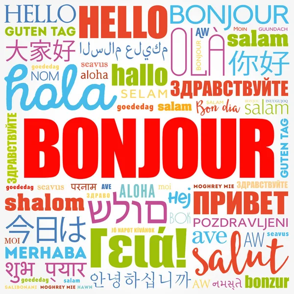 Bonjour Hello Greeting French 世界の異なる言語でのワードクラウド 背景概念 — ストックベクタ