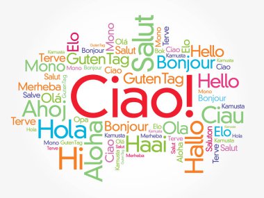 Çav (İtalyanca Merhaba) Dünyanın farklı dillerinde kelime bulutu, arka plan konsepti
