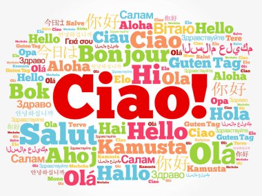 Çav (İtalyanca Merhaba) Dünyanın farklı dillerinde kelime bulutu, arka plan konsepti