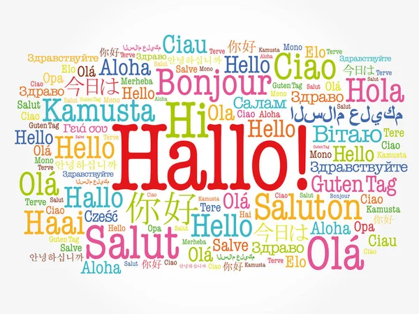 Hola Hello Greeting Alemán Nube Palabras Diferentes Idiomas Del Mundo — Vector de stock