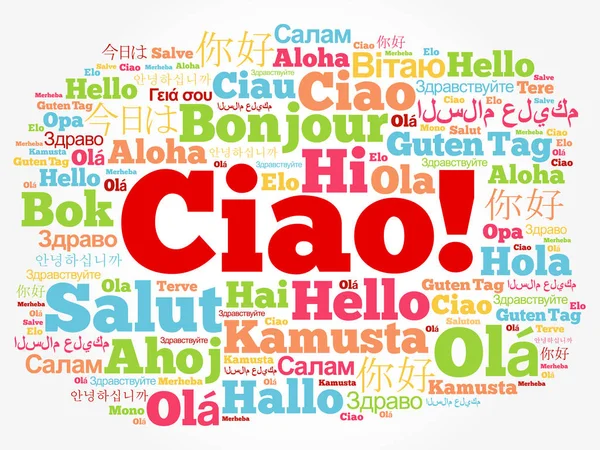 Çav Talyanca Merhaba Dünyanın Farklı Dillerinde Kelime Bulutu Arka Plan — Stok Vektör