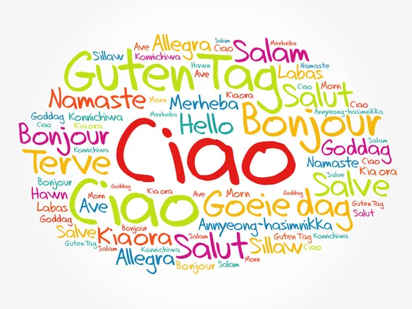 Ciao Hej Hälsning Italienska Ord Moln Olika Språk Världen Bakgrund — Stock vektor