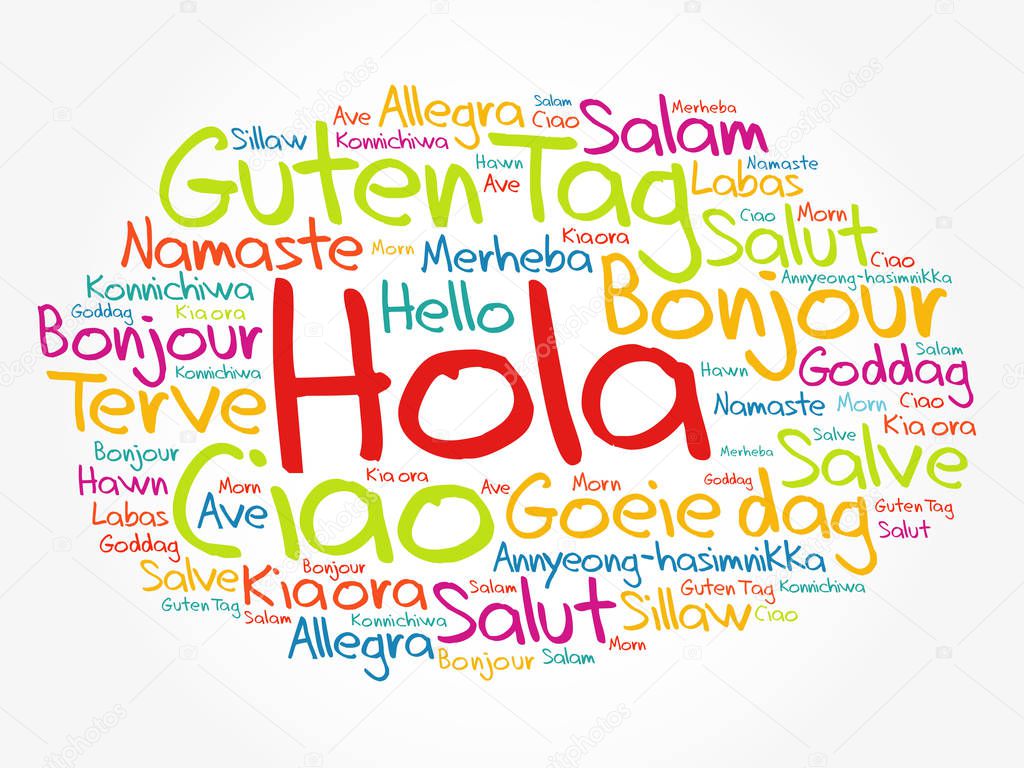 Hola! (Hello Greeting in Spanish) word cloud in different languages of the world, background concept