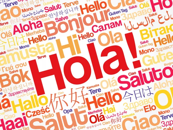 Hola Hej Hälsning Spanska Ord Moln Olika Språk Världen Bakgrund — Stock vektor