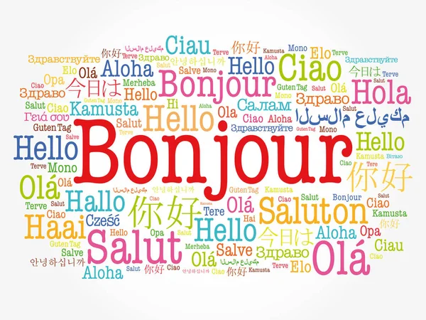 Bonjour Bonjour Salut Français Nuage Mots Dans Différentes Langues Monde — Image vectorielle