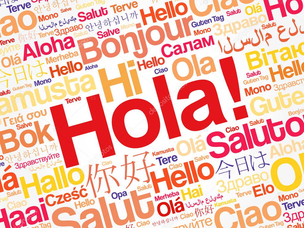 Hola! (Hello Greeting in Spanish) word cloud in different languages of the world, background concept