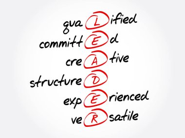 Lider - Nitelikli, Kararlı, Yaratıcı, Yapısal, Deneyimli, Çok Yönlü kısaltma, iş konsepti geçmişi