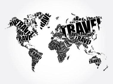 Dünya Haritası Tipografisi biçimindeki TRAVEL kelimesi, kelimeler iş konseptini gölgeliyor