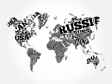 Dünya Haritası tipografi word Cloud, ülkelerin, eğitim iş kavramı isimleri