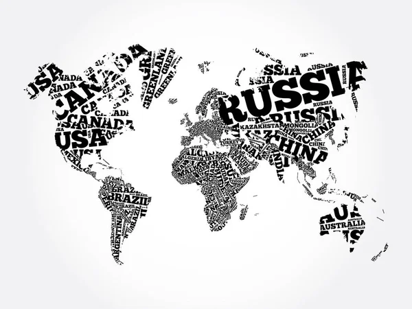 Mapa Mundo Tipografia Nuvem Palavras Nomes Países Conceito Negócio Educação —  Vetores de Stock