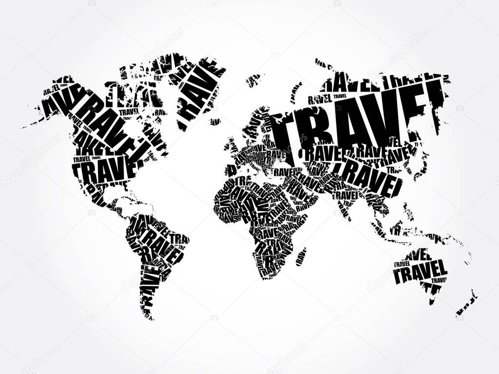 TRAVEL word in shape World Map Typography, words cloud business concept background