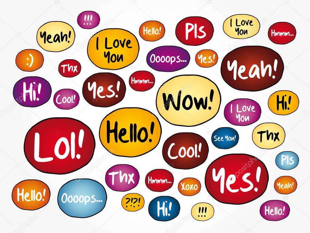 Most common used acronyms and abbreviations speech bubbles, word cloud background