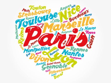 Fransa 'daki şehirlerin ve şehirlerin listesi aşk işaretleri kalp şekli, kelime bulut kolajı, iş ve seyahat kavramı geçmişi