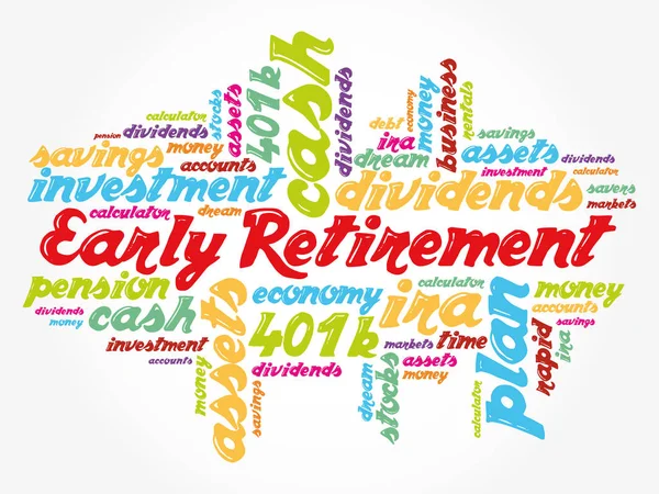 Tidig Pensionering Ord Moln Collage Med Bra Villkor Som Investeringar — Stock vektor