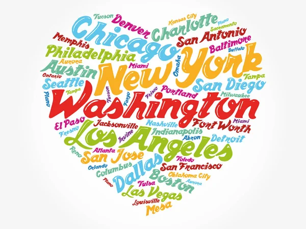 List Cities Towns Usa Composed Love Sign Heart Shape Word — Stock Vector