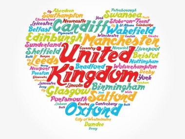 Birleşik Krallık 'taki şehirlerin ve şehirlerin listesi aşk imzası kalp şekli, kelime bulut kolajı, iş ve seyahat kavramı geçmişi