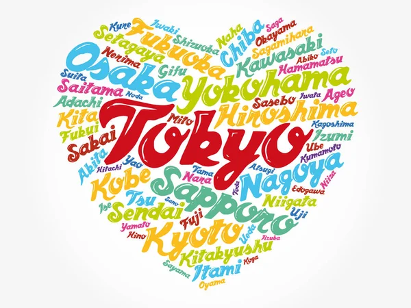 由爱情 云彩拼贴 商务和旅游理念背景组成的日本城镇名单 — 图库矢量图片
