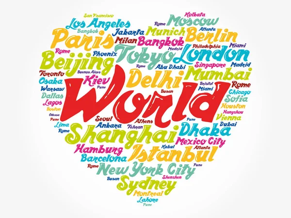 Seznam Měst Světě Složených Lásce Znamení Srdce Tvar Slovo Cloud — Stockový vektor