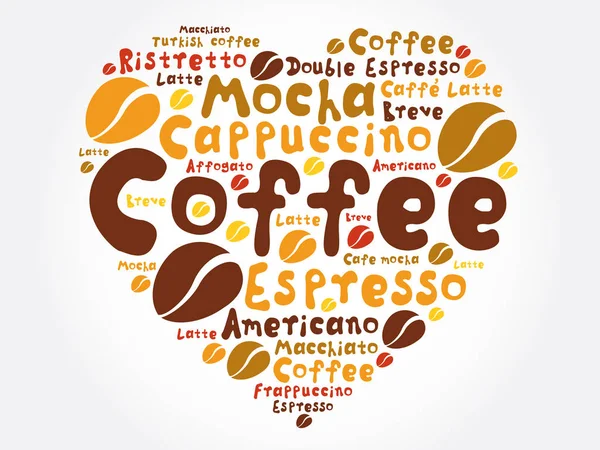 List of coffee drinks composed in love sign heart shape, words cloud collage, poster background
