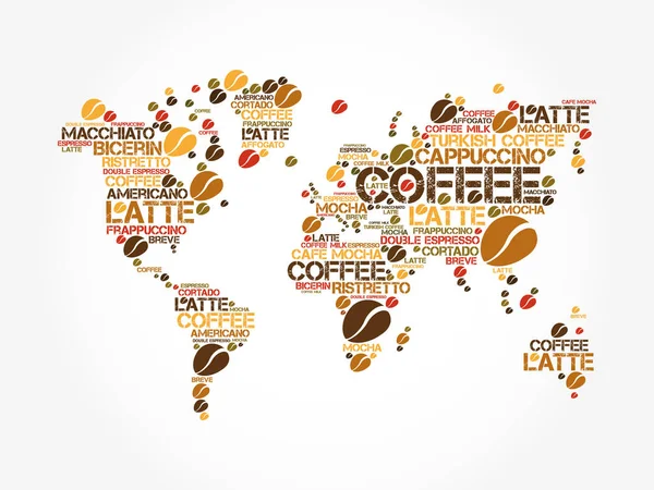 Bebidas Café Nube Palabra Mapa Del Mundo Concepto Fondo — Vector de stock