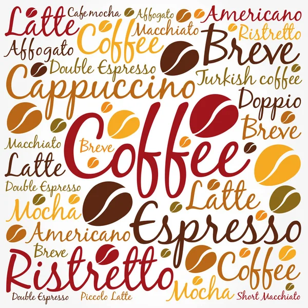 Elenco Delle Bevande Caffè Parole Collage Nuvola Sfondo Poster — Vettoriale Stock