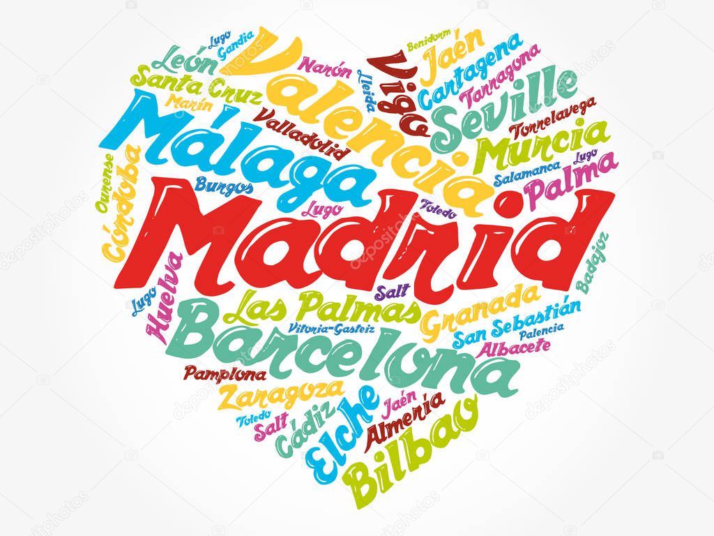 List of cities and towns in Spain composed in love sign heart shape, word cloud collage, business and travel concept background