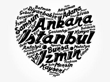 Türkiye 'de şehirler listesi ve kavram geçmişi ile kalp sözcükleri bulutu
