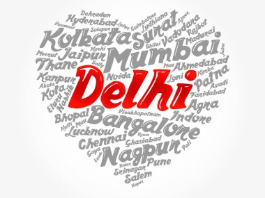 Hindistan 'daki şehirlerin ve şehirlerin listesi aşk işaretleri kalp şekli, kelime bulut kolajı, iş ve seyahat kavramı geçmişi