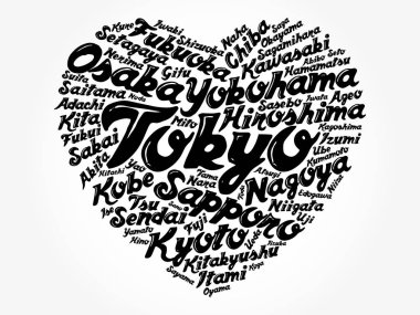 Japonya 'daki şehirlerin ve şehirlerin listesi aşk işaretleri kalp şekli, kelime bulut kolajı, iş ve seyahat kavramı geçmişi