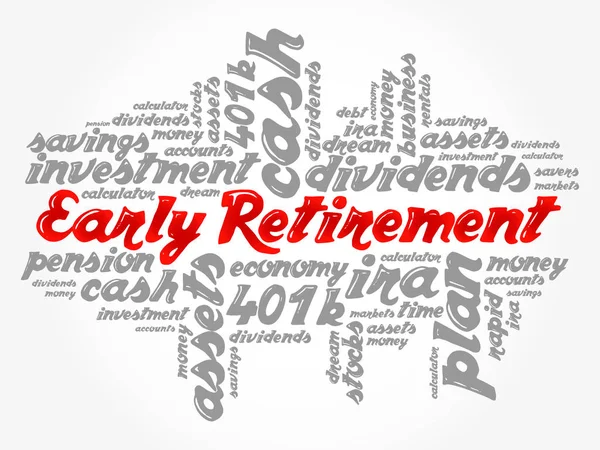 具有投资 金融概念背景等大量词汇的提前退休词汇云拼贴 — 图库矢量图片