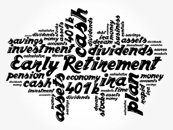 Early Retirement Woord Cloud Collage Met Grote Termen Zoals Investeringen — Stockvector