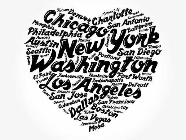 List Cities Towns Usa Composed Love Sign Heart Shape Word — Stock Vector
