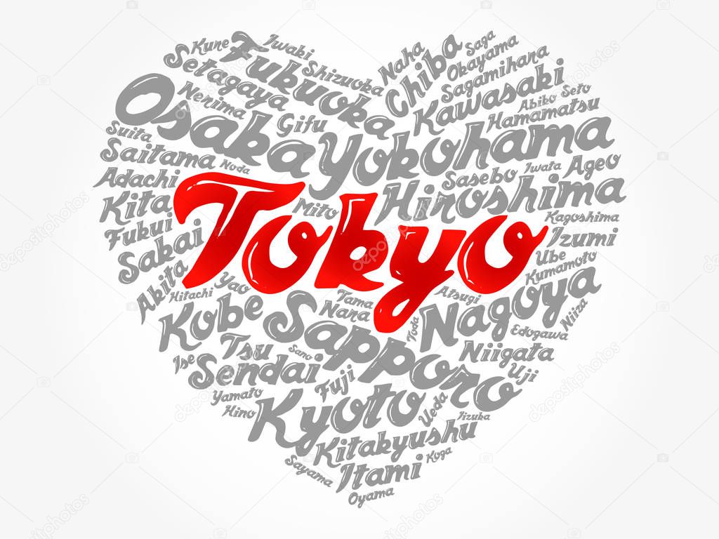 List of cities and towns in Japan composed in love sign heart shape, word cloud collage, business and travel concept background