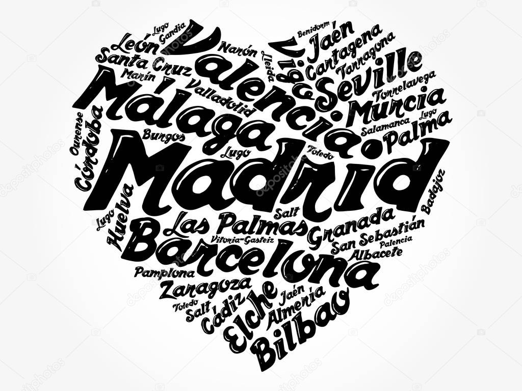 List of cities and towns in Spain composed in love sign heart shape, word cloud collage, business and travel concept background