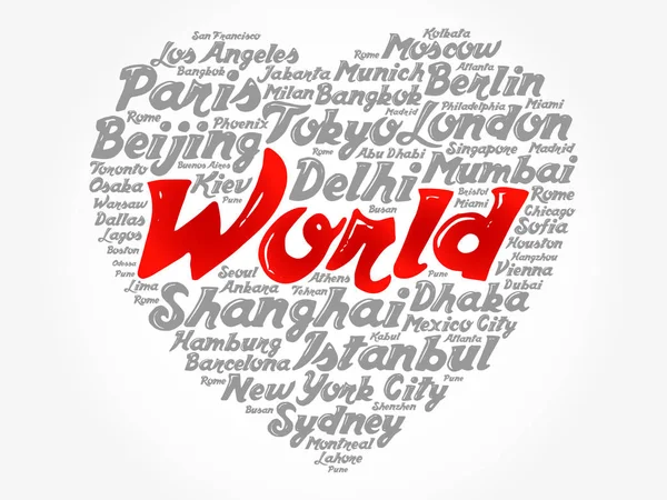Liste Des Villes Monde Composées Heart Shape Word Cloud Collage — Image vectorielle
