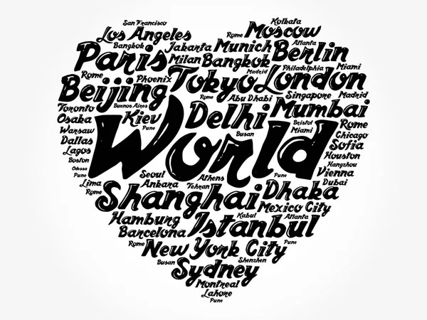 List Cities Towns World Composed Love Sign Heart Shape Word — Stock Vector
