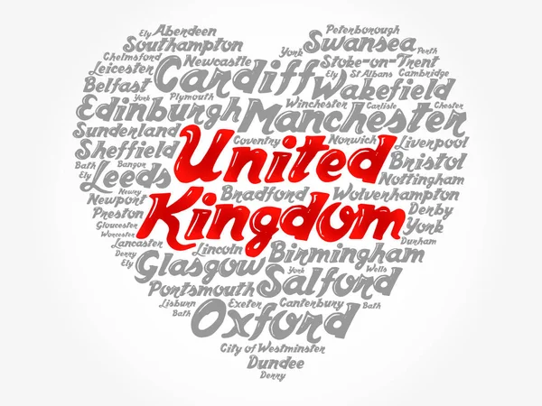 Liste Des Villes Royaume Uni Composé Love Sign Heart Shape — Image vectorielle