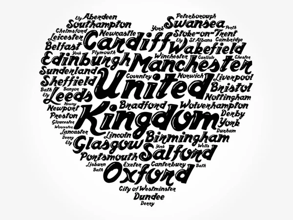 Lista Cidades Vilas Reino Unido Compostas Forma Coração Sinal Amor —  Vetores de Stock