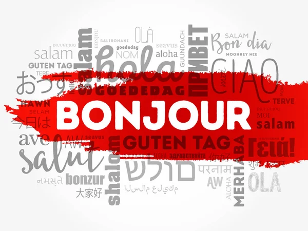 Bonjour Hello Greeting French Word Cloud Different Languages World Background — Stock Vector